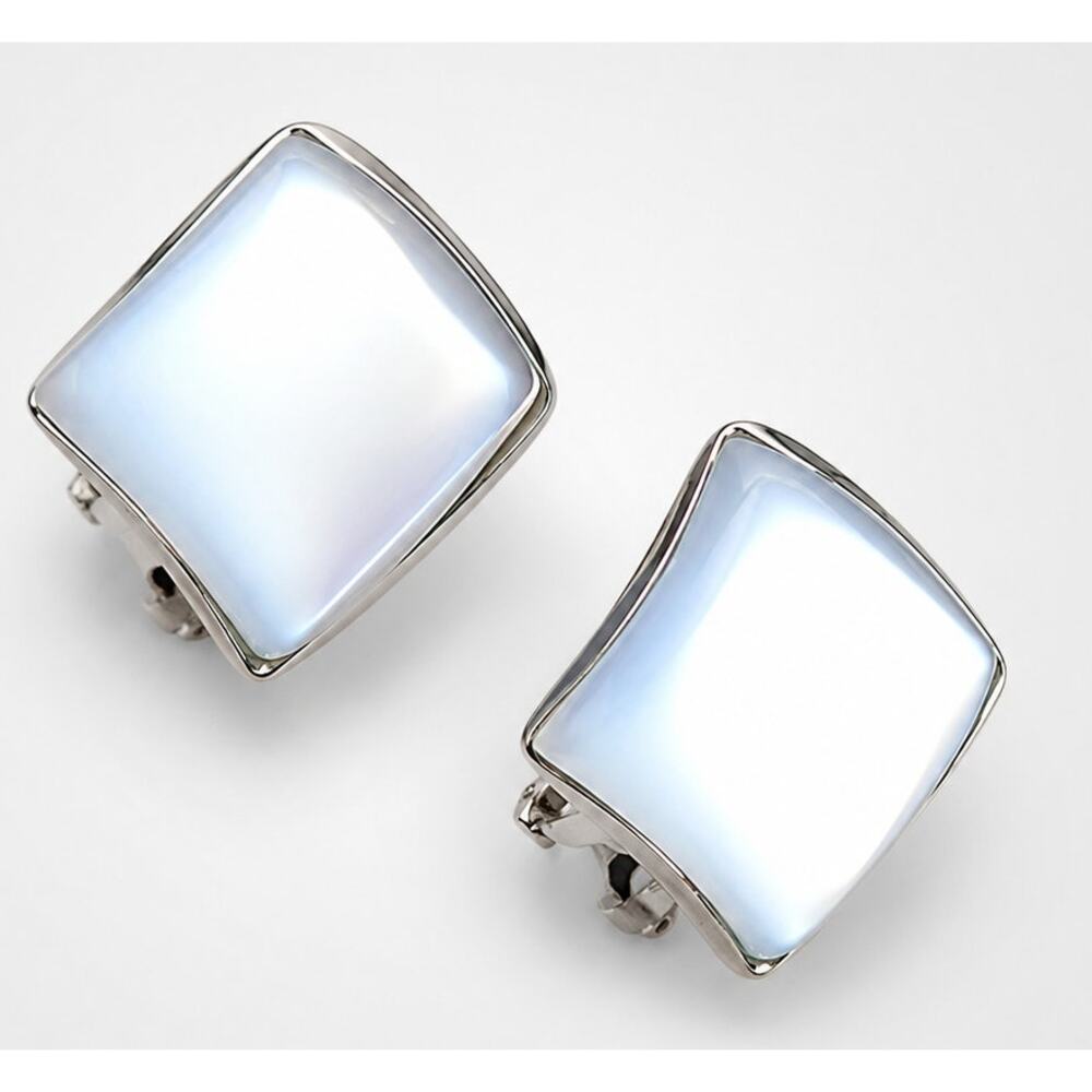 Vintage Icy‎ Blue Clip On Earrings 7/8" Square Thermoset Silver Tone bc